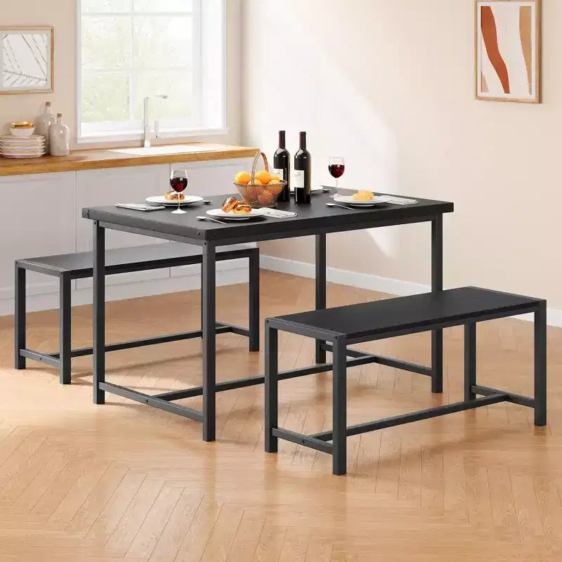 Dining Table Set for 4, Kitchen Table with Benches, Rectangular Dining Room Table Set with 2 Upholstered Benches, 3 Piece Dining Table Set