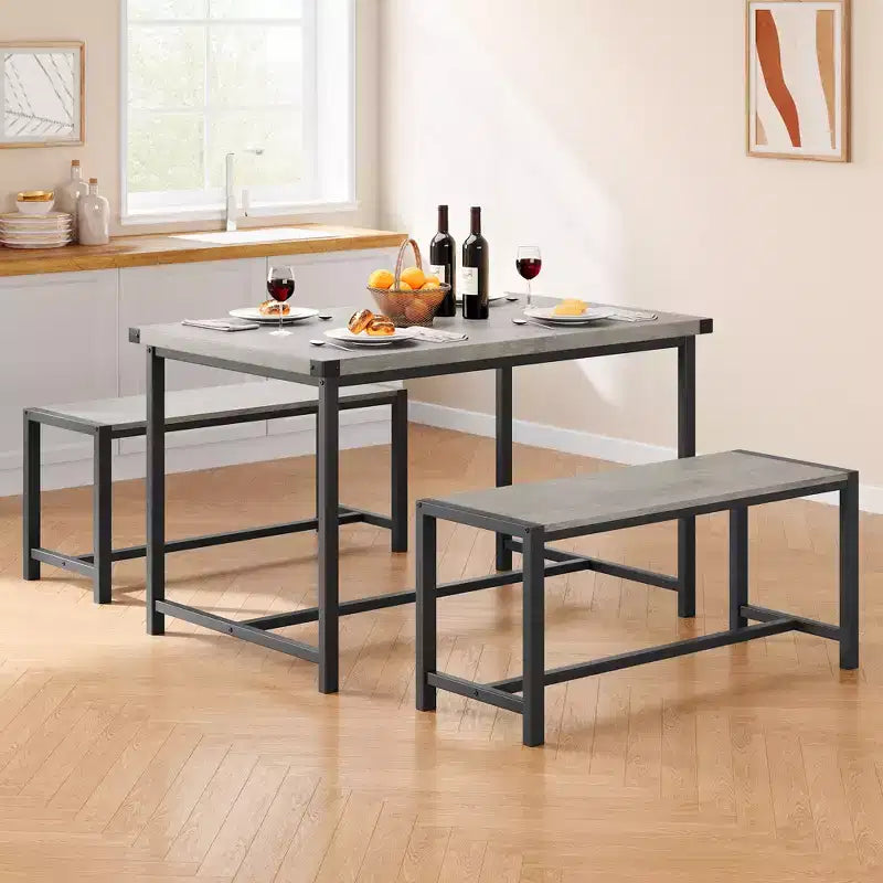 Ensemble table à manger pour 4, table de cuisine avec bancs, ensemble table de salle à manger rectangulaire avec 2 bancs rembourrés, ensemble table à manger 3 pièces