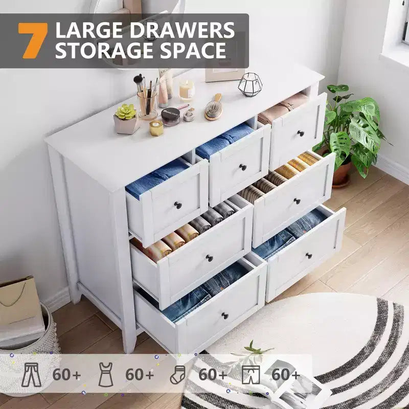 Commode de chambre - Commodes et chiffonnier en bois de style ferme pour vêtements, avec 7 tiroirs profonds, poignées dorées, pour salon, chambre, couloir