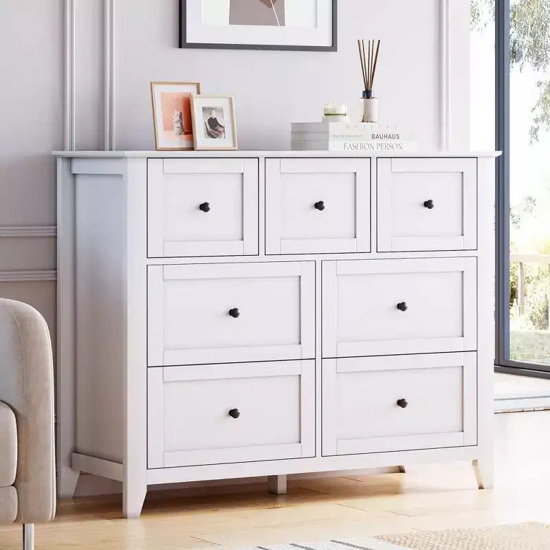 Commode de chambre - Commodes et chiffonnier en bois de style ferme pour vêtements, avec 7 tiroirs profonds, poignées dorées, pour salon, chambre, couloir