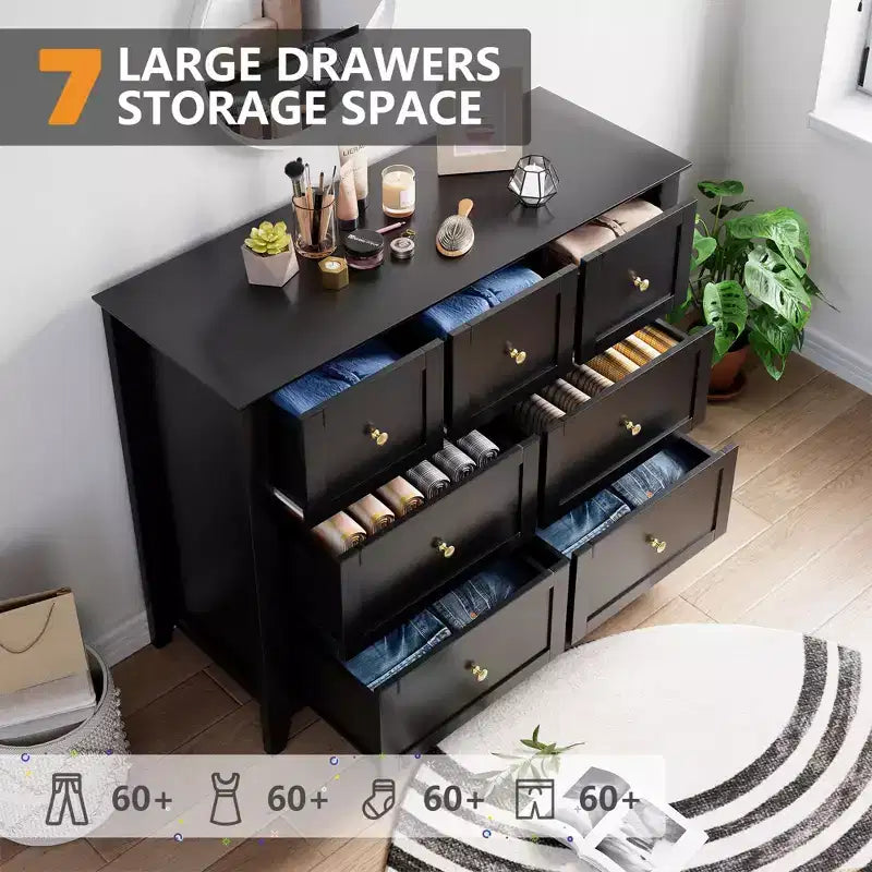 Commode de chambre - Commodes et chiffonnier en bois de style ferme pour vêtements, avec 7 tiroirs profonds, poignées dorées, pour salon, chambre, couloir