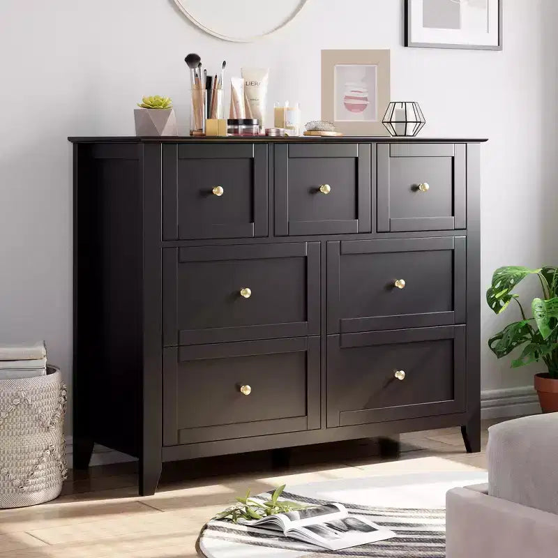 Commode de chambre - Commodes et chiffonnier en bois de style ferme pour vêtements, avec 7 tiroirs profonds, poignées dorées, pour salon, chambre, couloir
