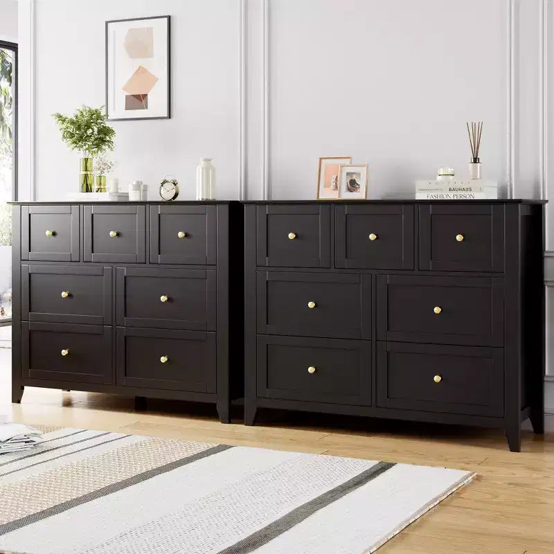 Commode de chambre - Commodes et chiffonnier en bois de style ferme pour vêtements, avec 7 tiroirs profonds, poignées dorées, pour salon, chambre, couloir