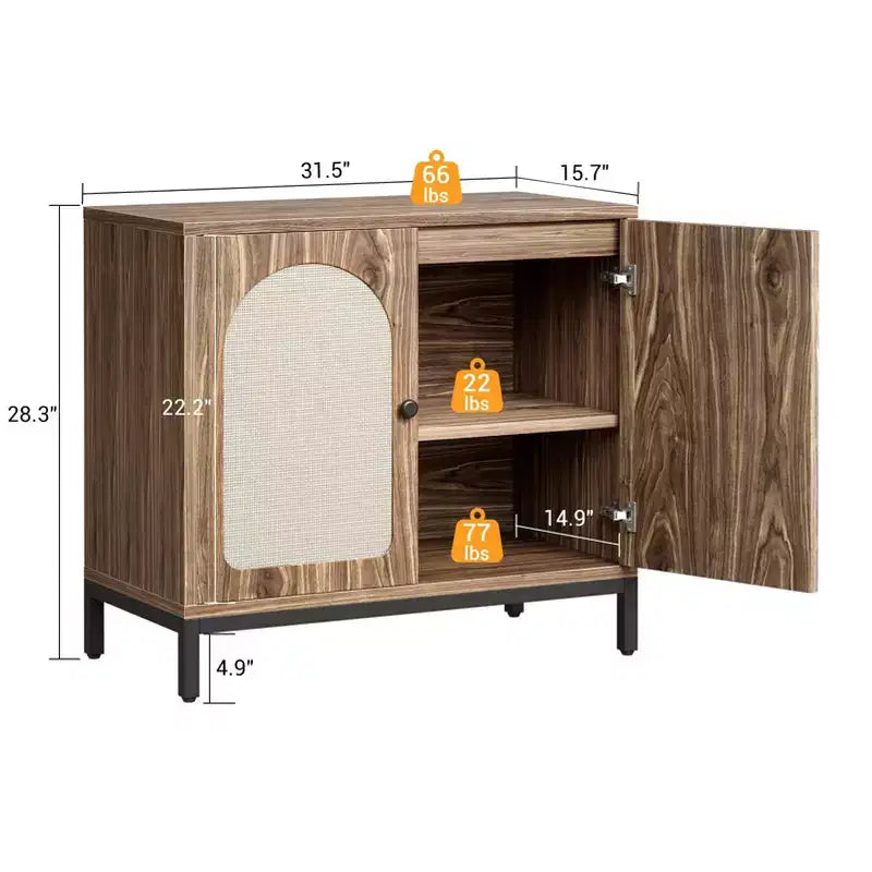 Mobile Credenza in Rattan - con Ante in Rattan, Ripiani Regolabili, Accento Bohemien, Credenza Liquori Caffè, per Soggiorno Sala da Pranzo Corridoio Cucina