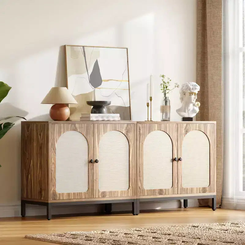 Mobile Credenza in Rattan - con Ante in Rattan, Ripiani Regolabili, Accento Bohemien, Credenza Liquori Caffè, per Soggiorno Sala da Pranzo Corridoio Cucina