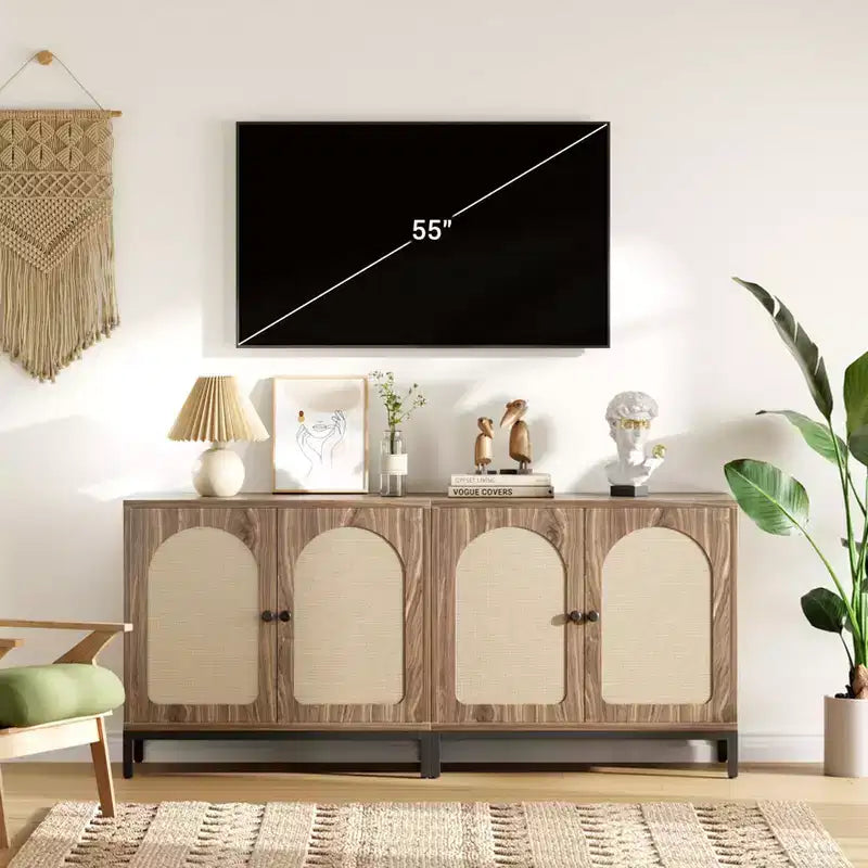 Mobile Credenza in Rattan - con Ante in Rattan, Ripiani Regolabili, Accento Bohemien, Credenza Liquori Caffè, per Soggiorno Sala da Pranzo Corridoio Cucina