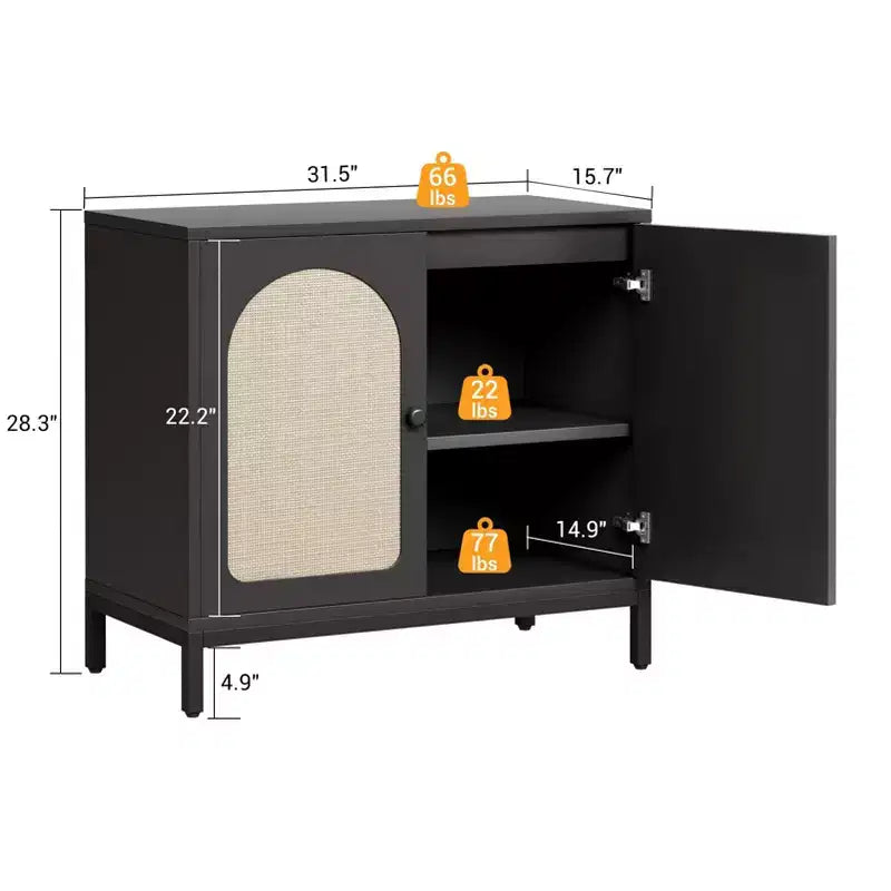 Buffet en rotin avec portes en rotin, étagères réglables, accent bohème, buffet à café et liqueurs, pour salon, salle à manger, couloir, cuisine