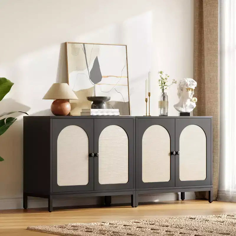 Mobile Credenza in Rattan - con Ante in Rattan, Ripiani Regolabili, Accento Bohemien, Credenza Liquori Caffè, per Soggiorno Sala da Pranzo Corridoio Cucina