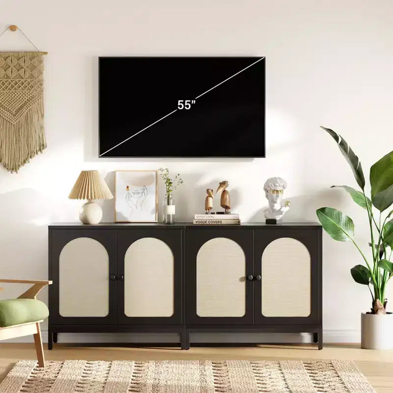 Mobile Credenza in Rattan - con Ante in Rattan, Ripiani Regolabili, Accento Bohemien, Credenza Liquori Caffè, per Soggiorno Sala da Pranzo Corridoio Cucina