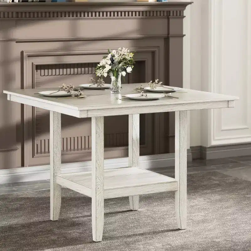 Set da pranzo rustico VECELO da 5 pezzi, tavolo quadrato in legno di gomma con ripiano e 4 sedie da pranzo imbottite senza braccioli per cucina, grigio