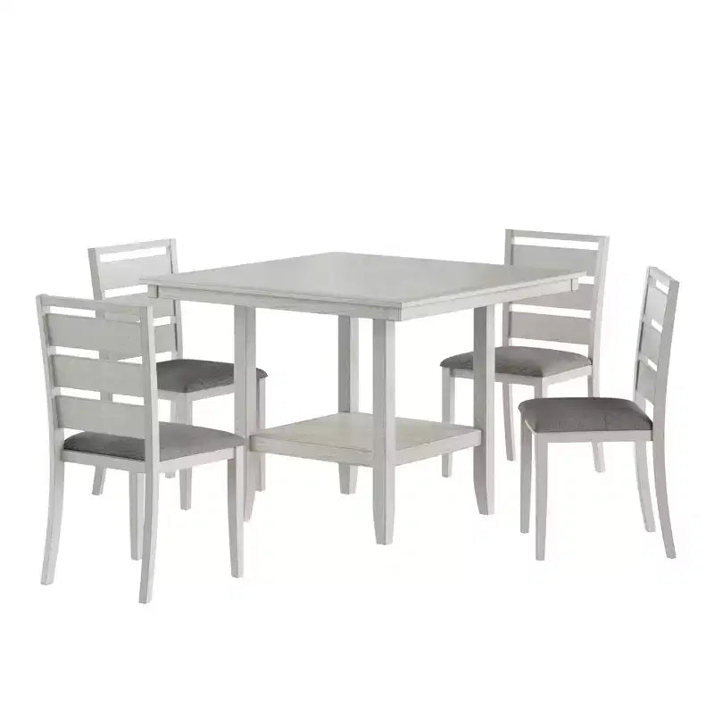 VECELO Ensemble de salle à manger rustique 5 pièces, table carrée en bois d'hévéa avec étagère et 4 chaises de salle à manger sans accoudoirs rembourrées pour la cuisine, Gris