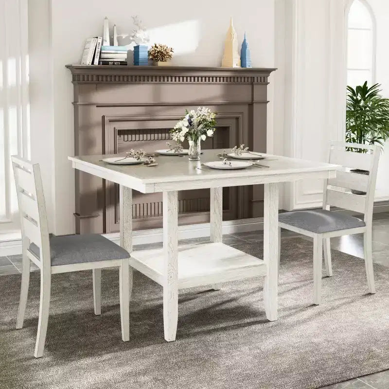 VECELO Ensemble de salle à manger rustique 5 pièces, table carrée en bois d'hévéa avec étagère et 4 chaises de salle à manger sans accoudoirs rembourrées pour la cuisine, Gris