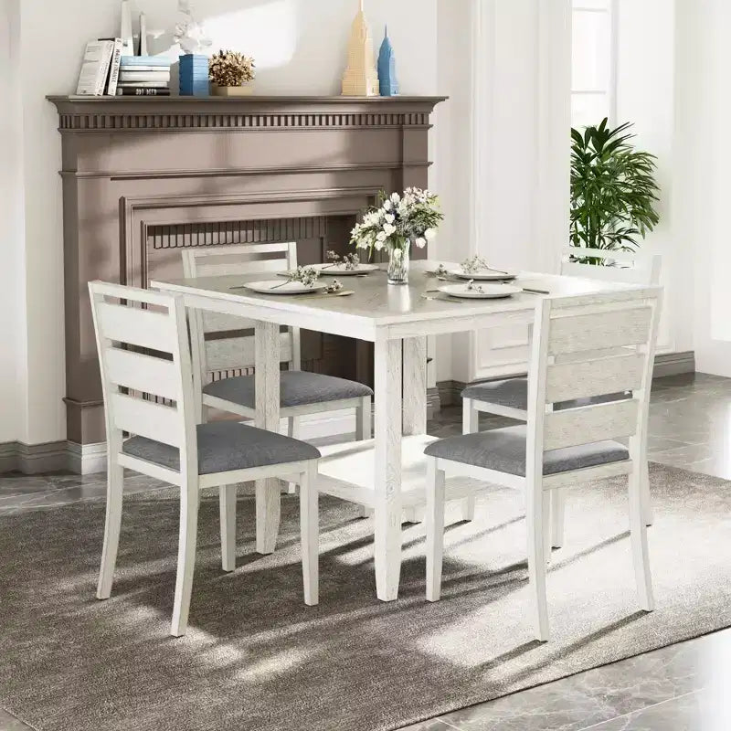 VECELO Ensemble de salle à manger rustique 5 pièces, table carrée en bois d'hévéa avec étagère et 4 chaises de salle à manger sans accoudoirs rembourrées pour la cuisine, Gris