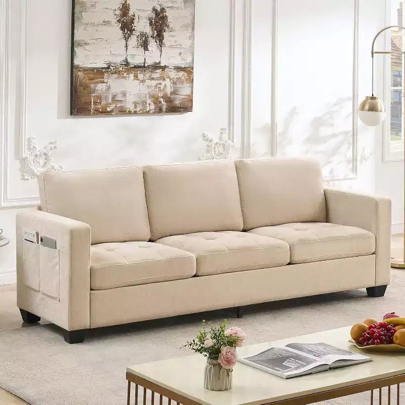 Canapé de 89 pouces, grand canapé 3 places, canapé rembourré en tissu chenille avec accoudoirs larges et coussins amovibles, pour salon, chambre à coucher