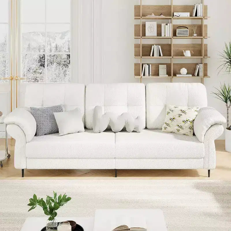 Canapés de 84 pouces pour salon, accoudoirs incurvés, coussins amovibles, molleton Teddy minimaliste, poches latérales, cadre en fer