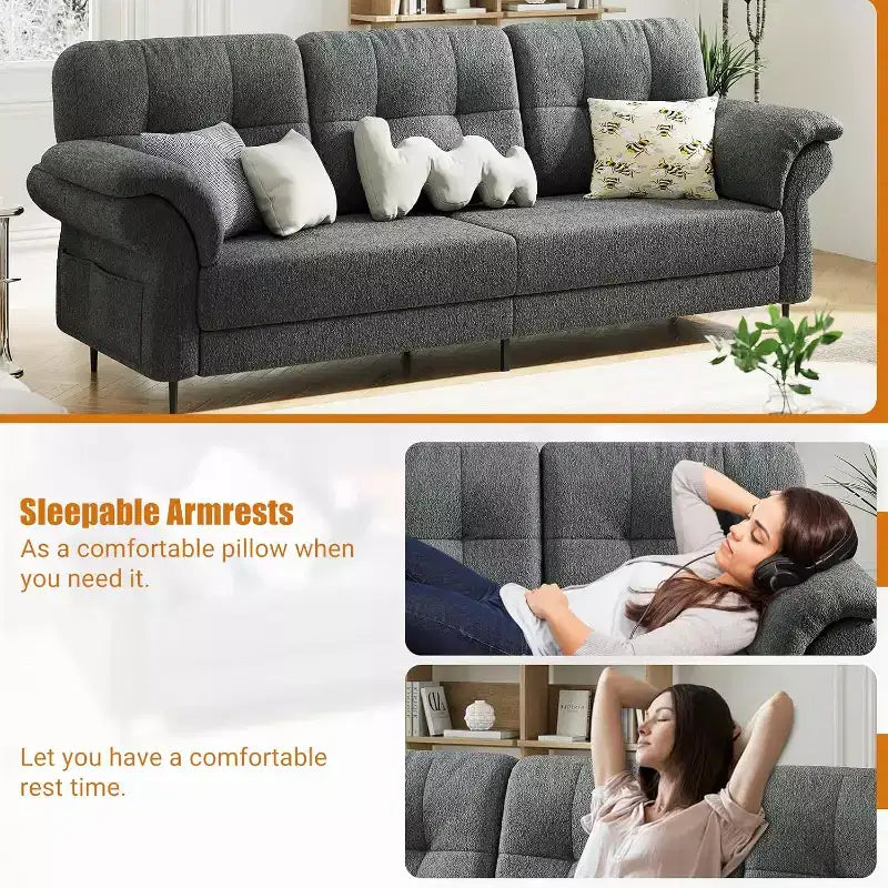 Canapés de 84 pouces pour salon, accoudoirs incurvés, coussins amovibles, molleton Teddy minimaliste, poches latérales, cadre en fer