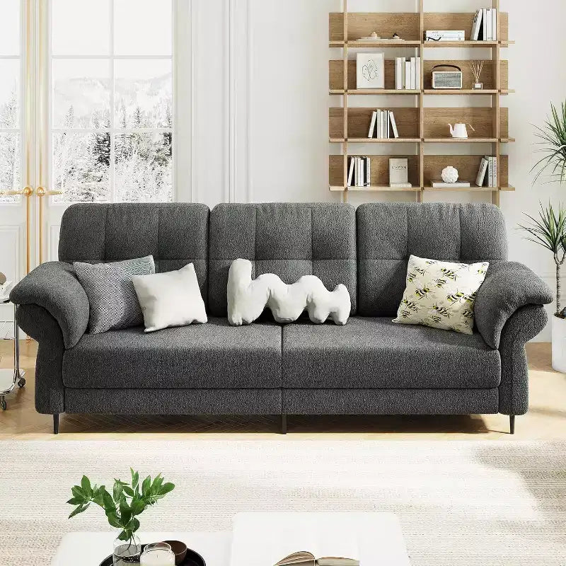 Canapés de 84 pouces pour salon, accoudoirs incurvés, coussins amovibles, molleton Teddy minimaliste, poches latérales, cadre en fer