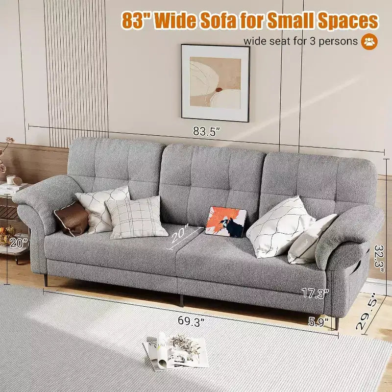 Canapés de 84 pouces pour salon, accoudoirs incurvés, coussins amovibles, molleton Teddy minimaliste, poches latérales, cadre en fer