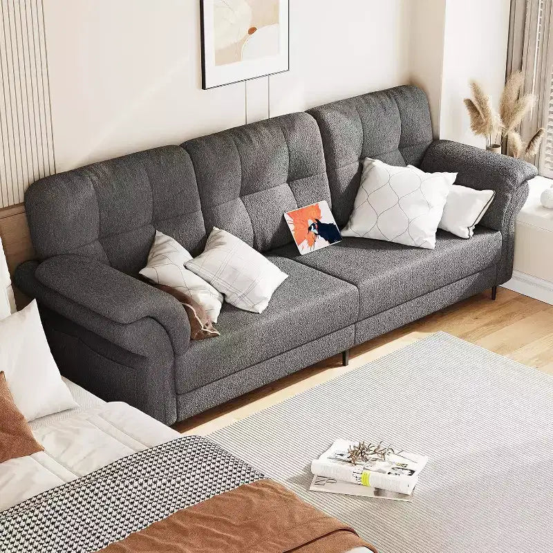 84 Inch Sofas for Living Room, Curved Armrests, Removable Pillows, Minimalist Teddy Fleece, Side Pockets, Iron Frame
