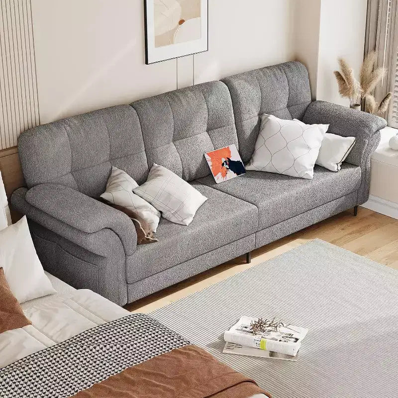 Canapés de 84 pouces pour salon, accoudoirs incurvés, coussins amovibles, molleton Teddy minimaliste, poches latérales, cadre en fer