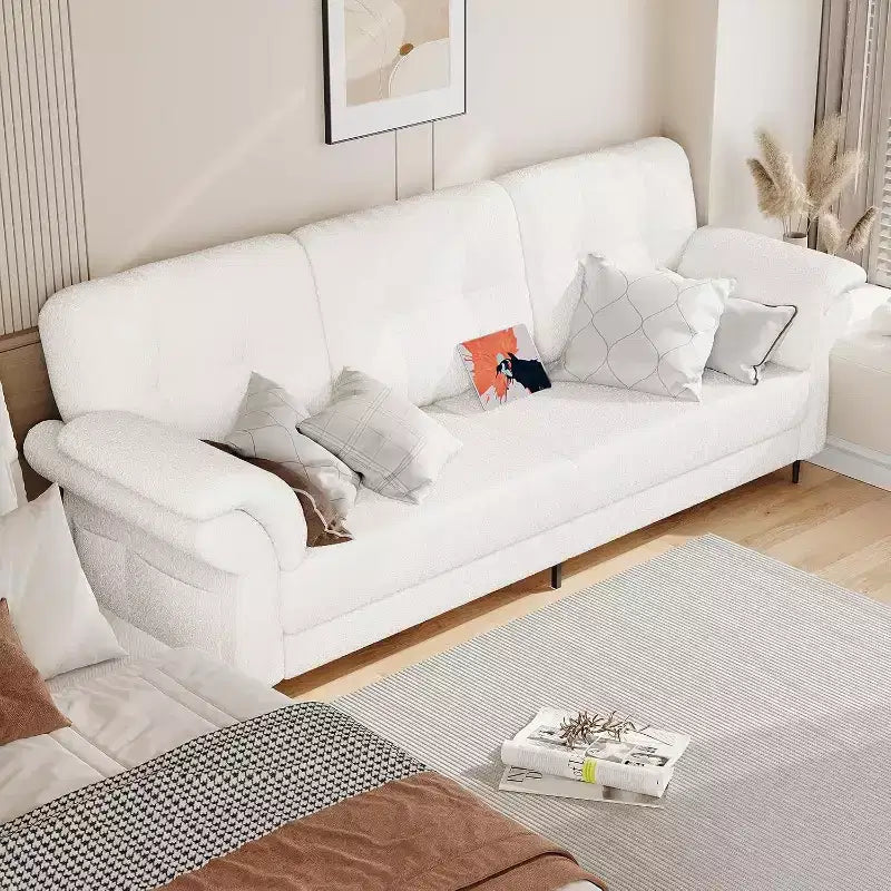Canapés de 84 pouces pour salon, accoudoirs incurvés, coussins amovibles, molleton Teddy minimaliste, poches latérales, cadre en fer