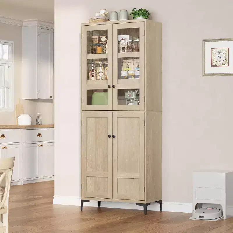 Dispensa da Cucina con Ante in Vetro, Mobile Contenitore per Alimenti Autoportante con Ripiani Regolabili