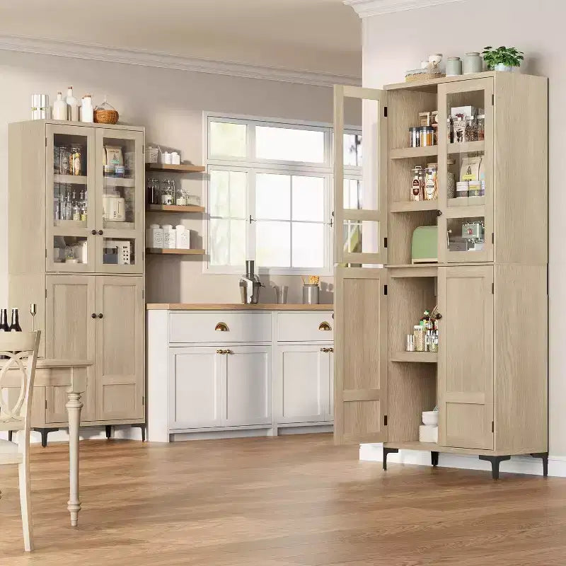 Dispensa da Cucina con Ante in Vetro, Mobile Contenitore per Alimenti Autoportante con Ripiani Regolabili
