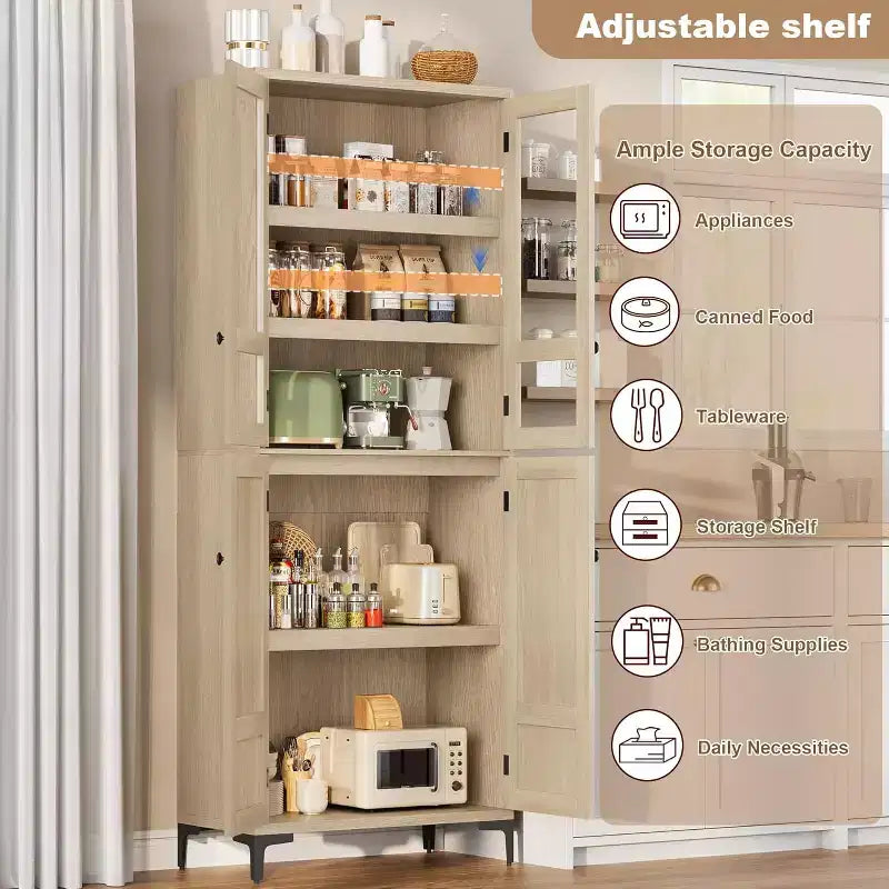 Dispensa da Cucina con Ante in Vetro, Mobile Contenitore per Alimenti Autoportante con Ripiani Regolabili