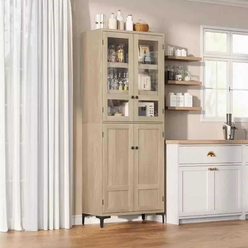 Dispensa da Cucina con Ante in Vetro, Mobile Contenitore per Alimenti Autoportante con Ripiani Regolabili