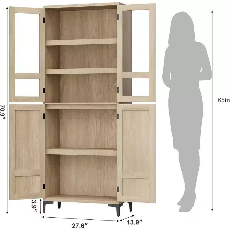 Dispensa da Cucina con Ante in Vetro, Mobile Contenitore per Alimenti Autoportante con Ripiani Regolabili