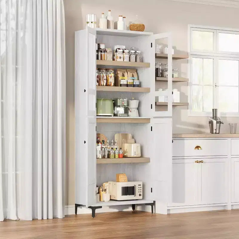 Dispensa da Cucina con Ante in Vetro, Mobile Contenitore per Alimenti Autoportante con Ripiani Regolabili