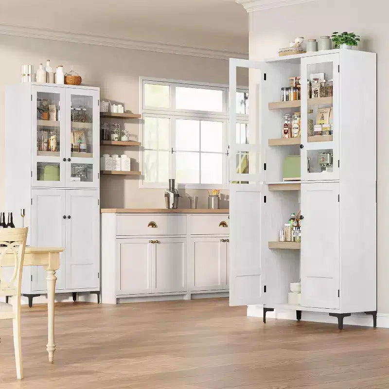 Dispensa da Cucina con Ante in Vetro, Mobile Contenitore per Alimenti Autoportante con Ripiani Regolabili