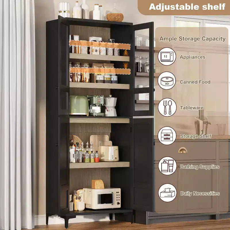 Dispensa da Cucina con Ante in Vetro, Mobile Contenitore per Alimenti Autoportante con Ripiani Regolabili