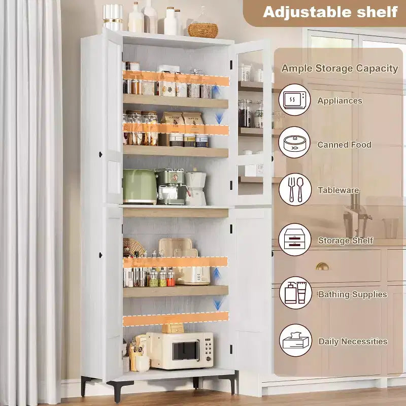 Dispensa da Cucina con Ante in Vetro, Mobile Contenitore per Alimenti Autoportante con Ripiani Regolabili