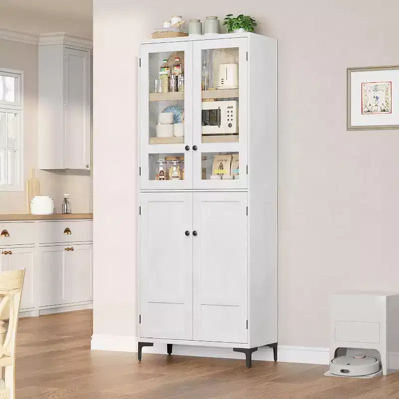 Dispensa da Cucina con Ante in Vetro, Mobile Contenitore per Alimenti Autoportante con Ripiani Regolabili