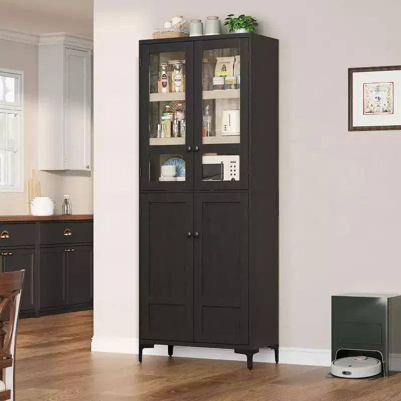 Armoire de cuisine avec portes vitrées, meuble de rangement autonome avec étagères réglables