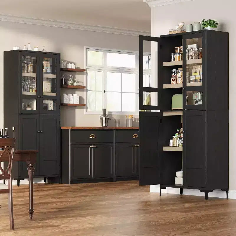 Armoire de cuisine avec portes vitrées, meuble de rangement autonome avec étagères réglables