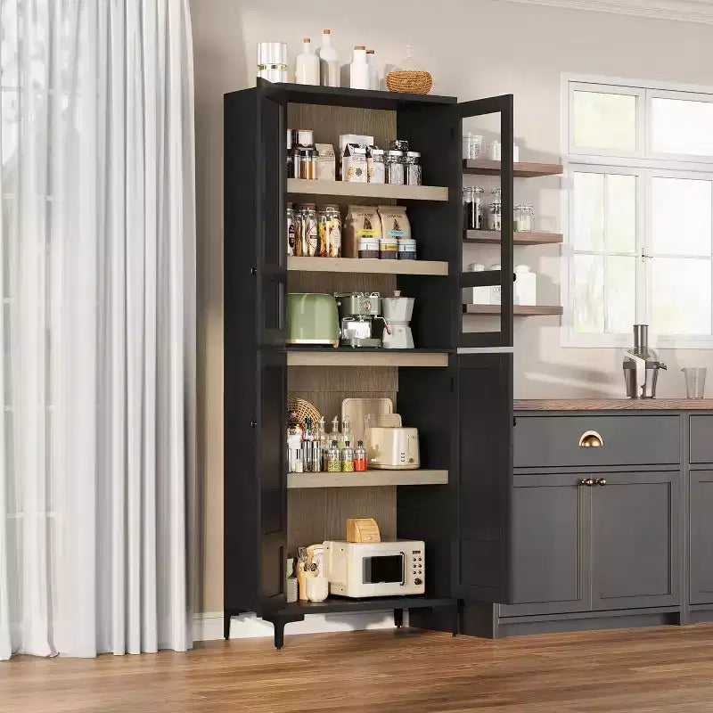 Armoire de cuisine avec portes vitrées, meuble de rangement autonome avec étagères réglables