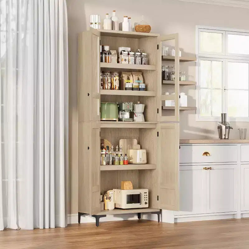 Armoire de cuisine avec portes vitrées, meuble de rangement autonome avec étagères réglables