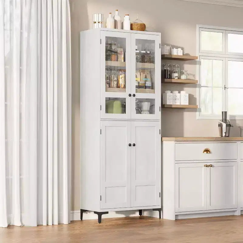 Armoire de cuisine avec portes vitrées, meuble de rangement autonome avec étagères réglables