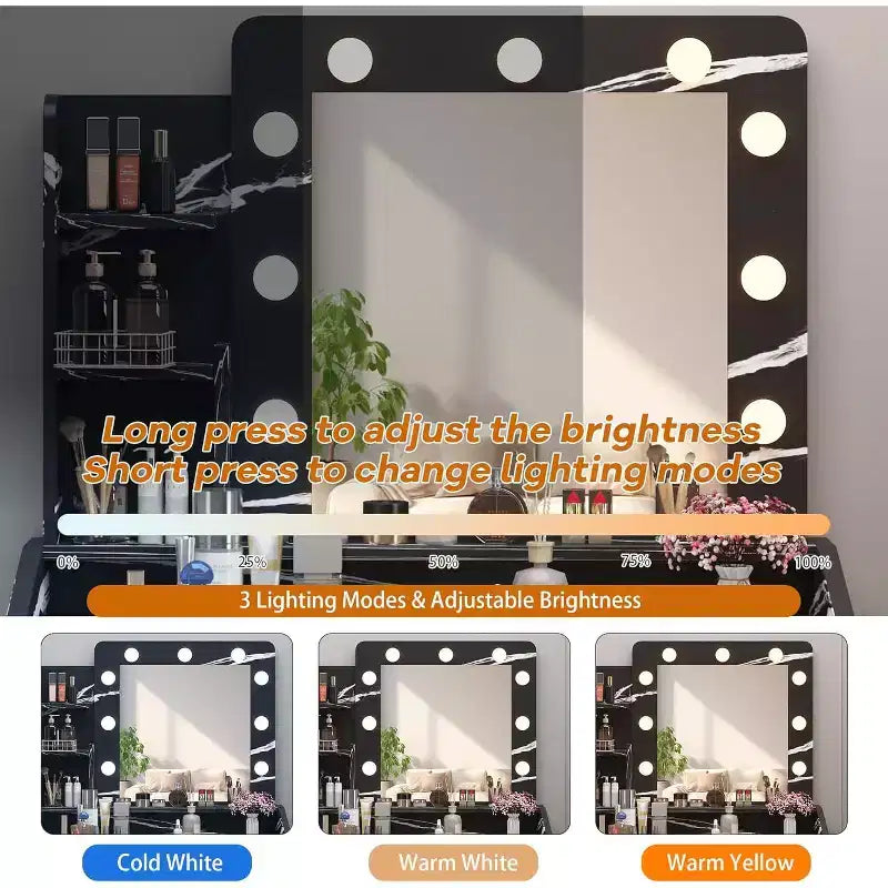 Toeletta con Specchio, Mobile Trucco con Sgabello Imbottito, 3 Modalità di Illuminazione e Luminosità Regolabile
