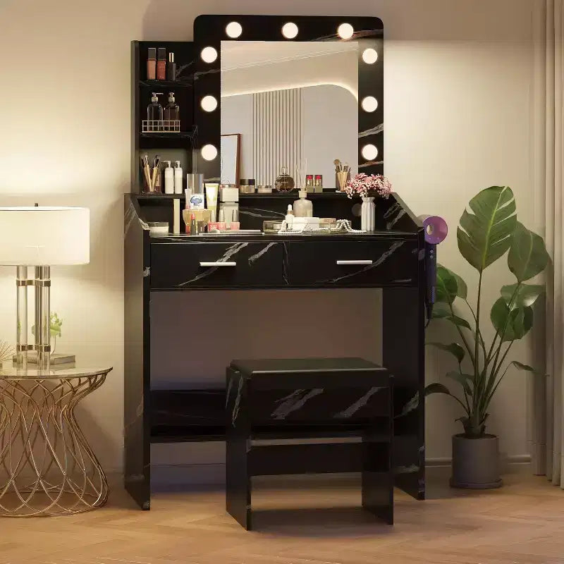 Toeletta con Specchio, Mobile Trucco con Sgabello Imbottito, 3 Modalità di Illuminazione e Luminosità Regolabile