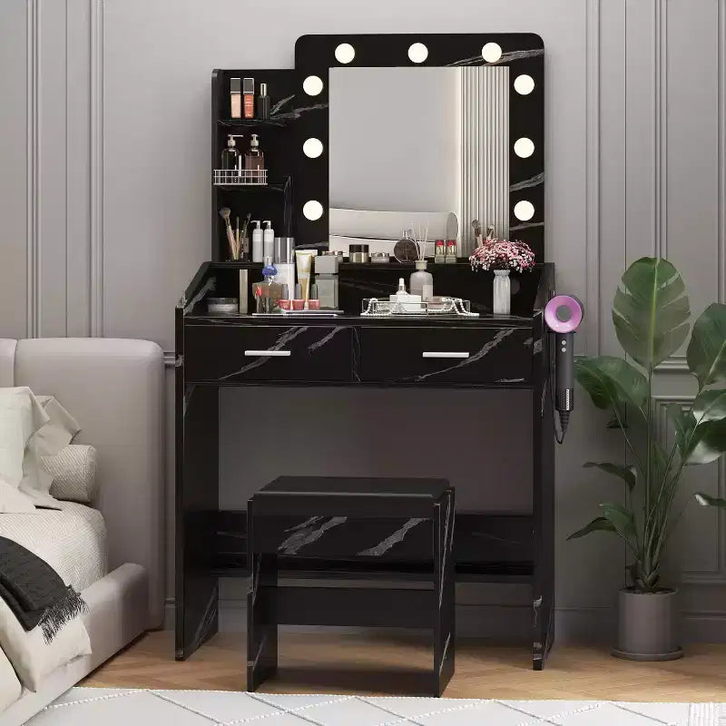 Toeletta con Specchio, Mobile Trucco con Sgabello Imbottito, 3 Modalità di Illuminazione e Luminosità Regolabile