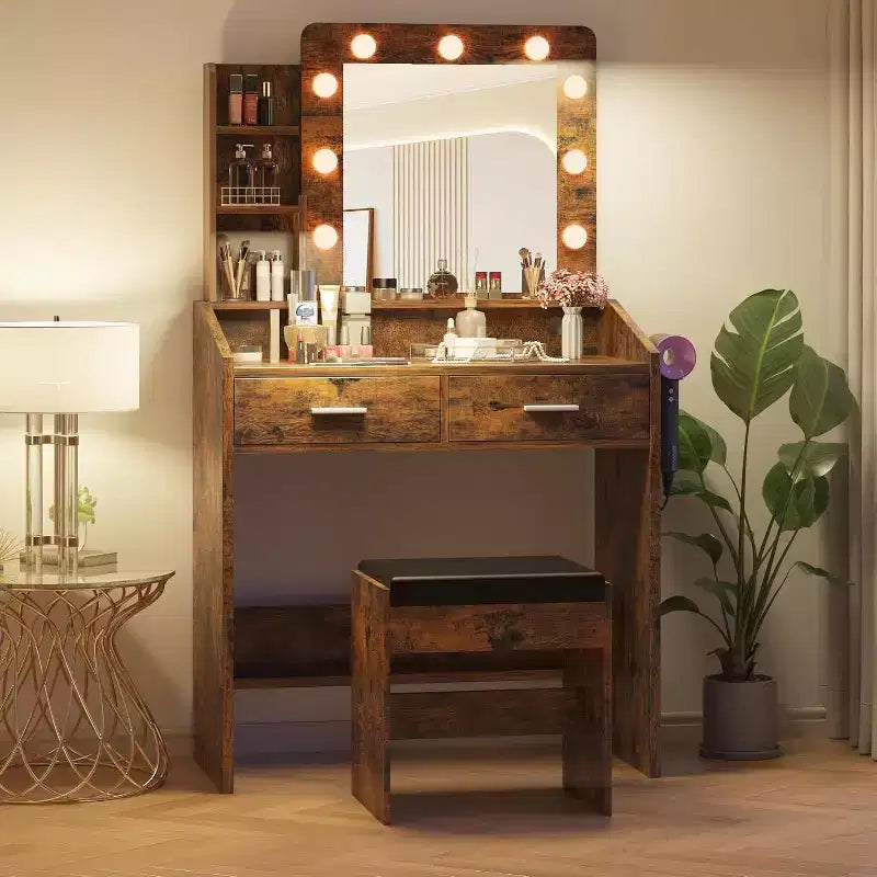 Toeletta con Specchio, Mobile Trucco con Sgabello Imbottito, 3 Modalità di Illuminazione e Luminosità Regolabile