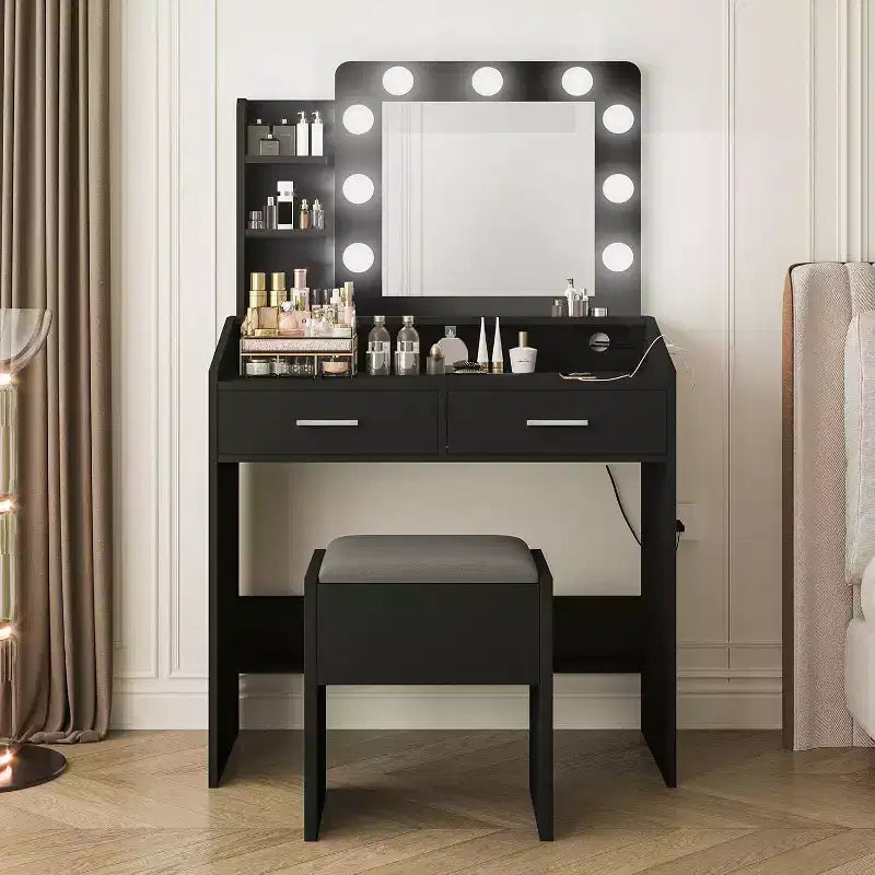 Toeletta con Specchio, Mobile Trucco con Sgabello Imbottito, 3 Modalità di Illuminazione e Luminosità Regolabile