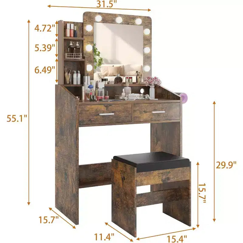 Toeletta con Specchio, Mobile Trucco con Sgabello Imbottito, 3 Modalità di Illuminazione e Luminosità Regolabile