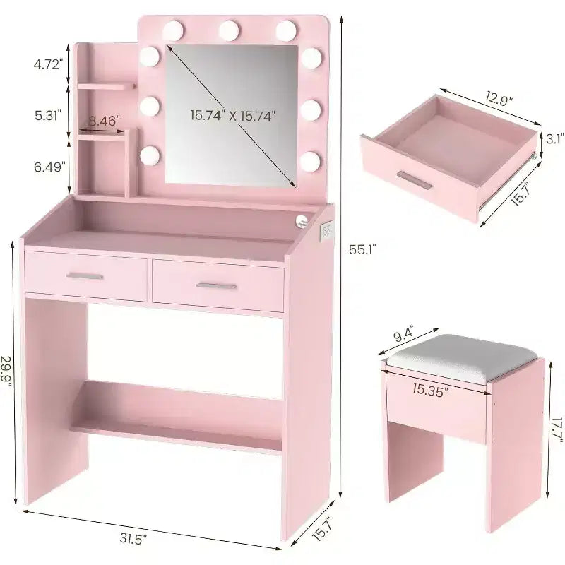 Toeletta con Specchio, Mobile Trucco con Sgabello Imbottito, 3 Modalità di Illuminazione e Luminosità Regolabile