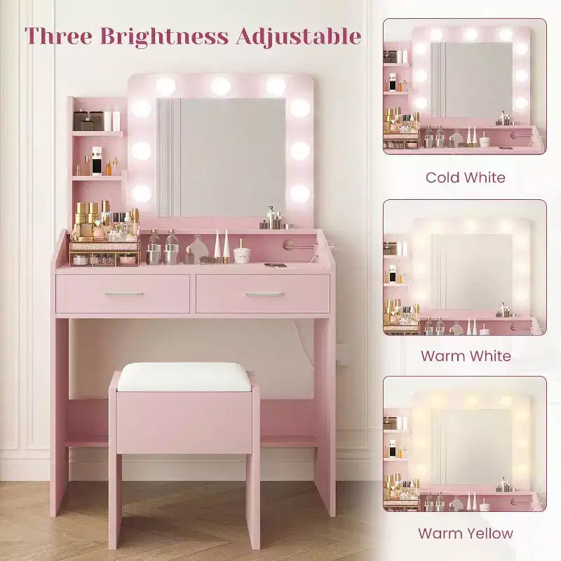Toeletta con Specchio, Mobile Trucco con Sgabello Imbottito, 3 Modalità di Illuminazione e Luminosità Regolabile