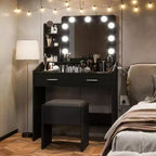 Toeletta con Specchio, Mobile Trucco con Sgabello Imbottito, 3 Modalità di Illuminazione e Luminosità Regolabile