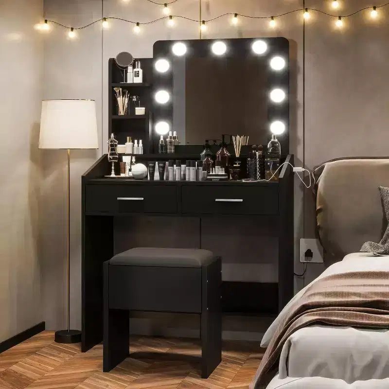Toeletta con Specchio, Mobile Trucco con Sgabello Imbottito, 3 Modalità di Illuminazione e Luminosità Regolabile